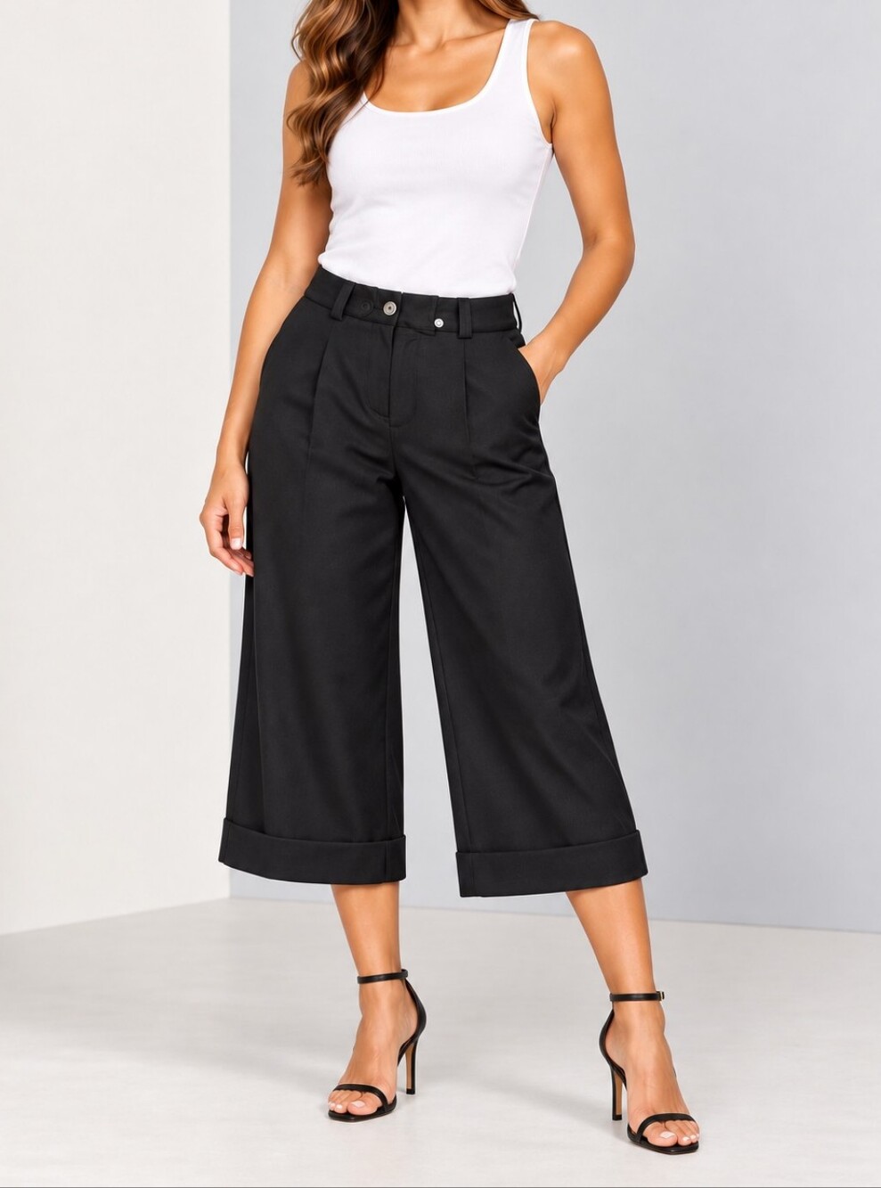 Elliott Lauren Wide-Leg Cropped Pleated Front Black Pants  Women Size 10